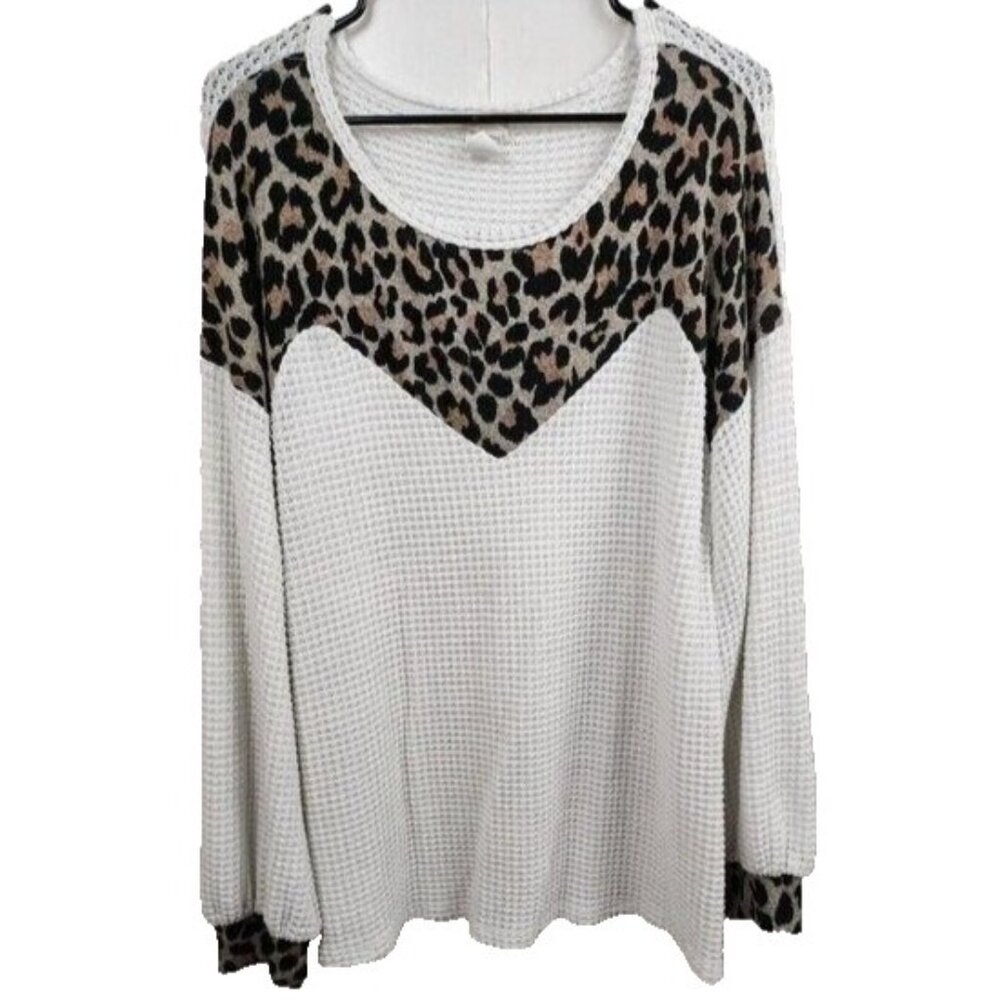 Bibi Womens Thermal BOHO Tunic‎ Top Large White Animal Print Balloon Sleeve